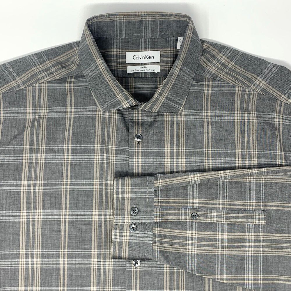 Calvin Klein Gray Plaid Slim Fit Cotton Long Sleeve Button Up Mens Shirt Size XL